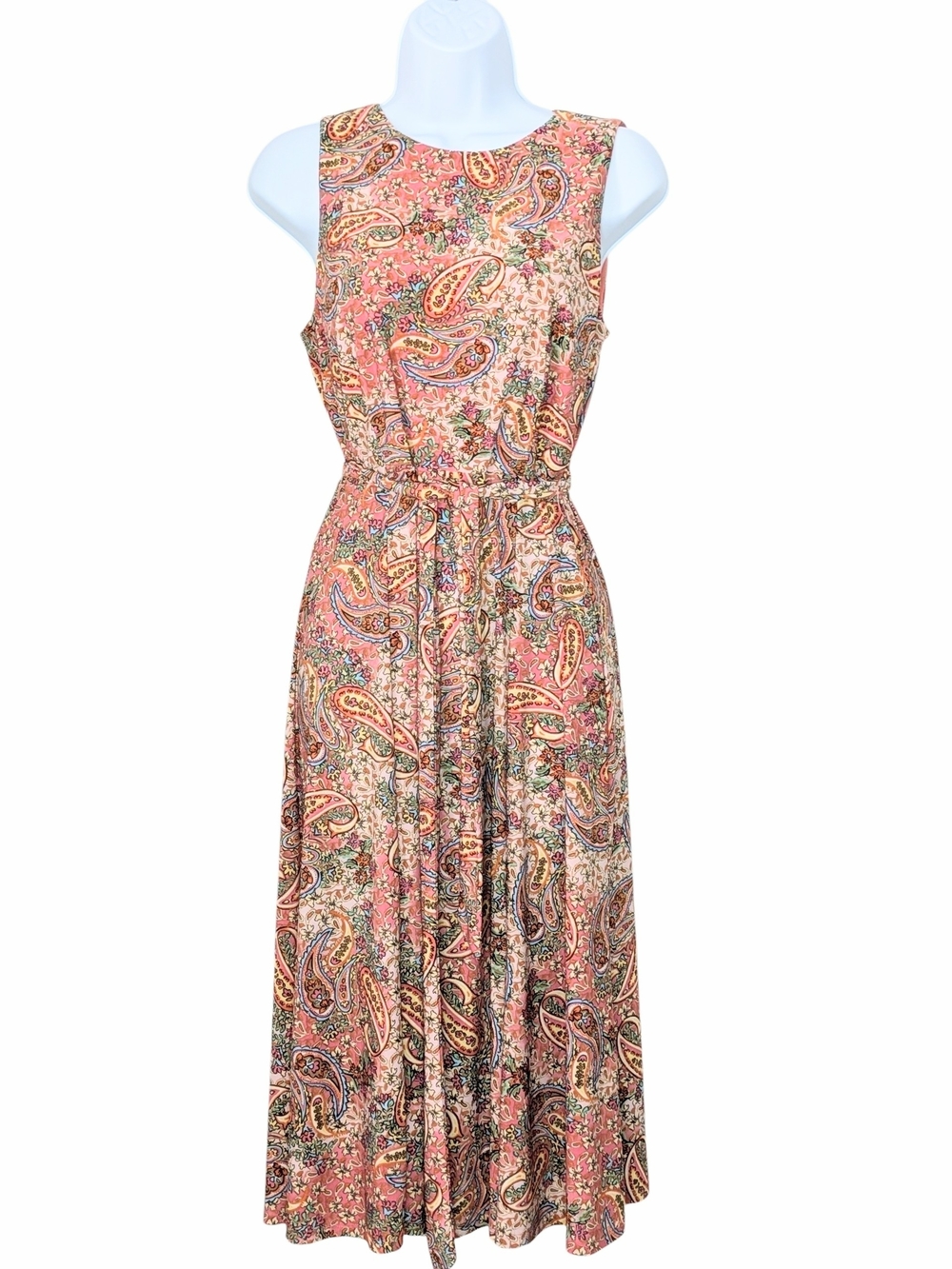 Anne Klein Coral Pink Paisley Tie Waist Midi Dress